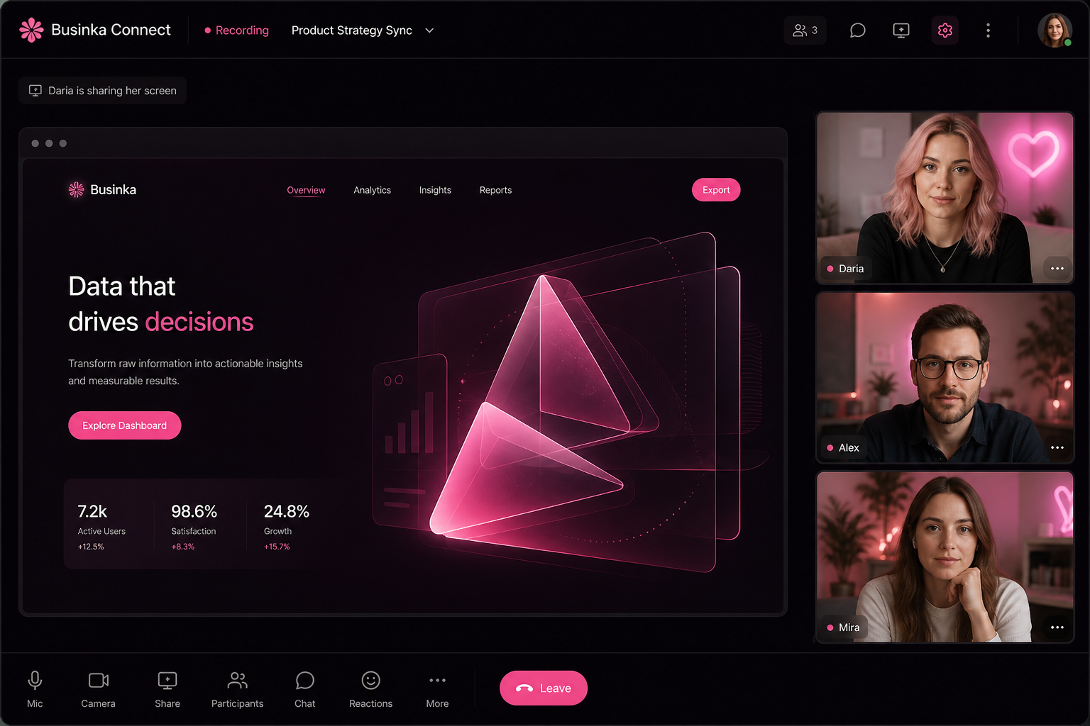 Рабочая видеокомната Businka Connect с демонстрацией экрана